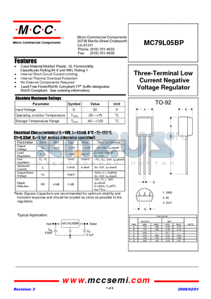 MC79L05BP datasheet - Three-Terminal Low Current Negative Voltage Regulator