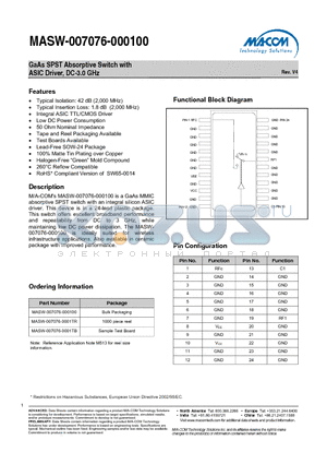MASW-007076-000100 datasheet - GaAs SPST Absorptive Switch with ASIC Driver, DC-3.0 GHz