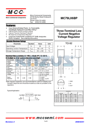 MC79L06BP datasheet - Three-Terminal Low Current Negative Voltage Regulator