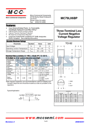 MC79L06BP-BP datasheet - Three-Terminal Low Current Negative Voltage Regulator