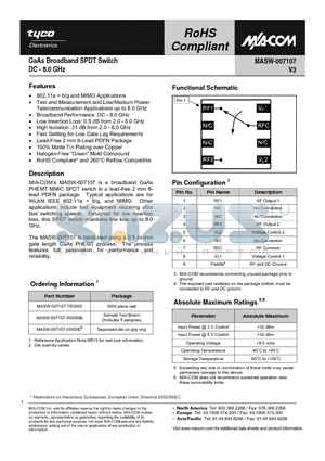 MASW-007107 datasheet - GaAs Broadband SPDT Switch DC - 8.0 GHz