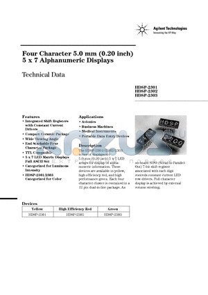 HDSP-2302 datasheet - Four Character 5.0 mm (0.20 inch) 5 x 7 Alphanumeric Displays