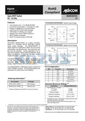 MASW-007221 datasheet - GaAs SPDT Switch DC - 3.0 GHz