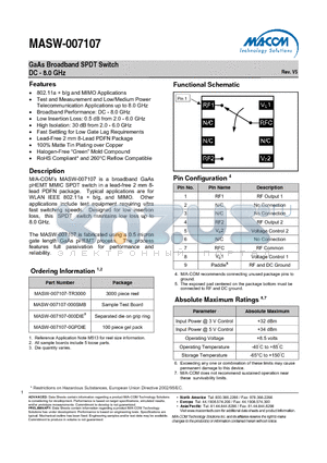 MASW-007107-0GPDIE datasheet - GaAs Broadband SPDT Switch DC - 8.0 GHz