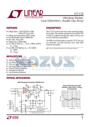 LT1115CN8 datasheet - Ultralow Noise, Low Distortion, Audio Op Amp