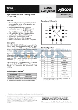 MASW-007587 datasheet - High Power GaAs DPDT Diversity Switch DC - 4.0 GHz