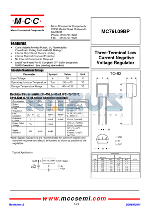MC79L09BP-BP datasheet - Three-Terminal Low Current Negative Voltage Regulator