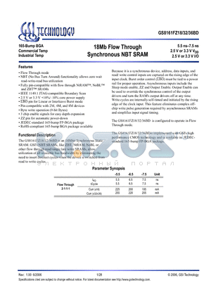 GS8161FZ18BGD-7.5I datasheet - 18Mb Flow Through Synchronous NBT SRAM