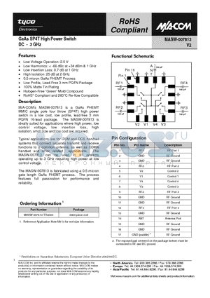 MASW-007813 datasheet - GaAs SP4T High Power Switch DC - 3 GHz