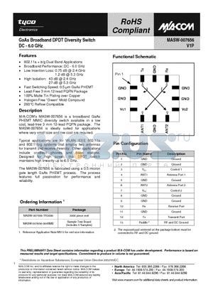 MASW-007656-000SMB datasheet - GaAs Broadband DPDT Diversity Switch DC - 6.0 GHz