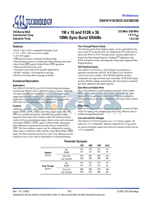GS8161V18CD-250 datasheet - 1M x 18 and 512K x 36 18Mb Sync Burst SRAMs