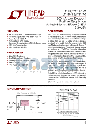 LT1117CM-2.85 datasheet - 800mA Low Dropout Positive Regulators Adjustable and Fixed 2.85V, 3.3V, 5V