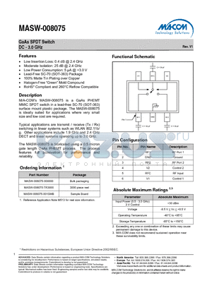 MASW-008075-000000 datasheet - GaAs SPDT Switch DC - 3.0 GHz