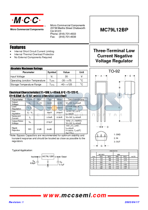 MC79L12BP datasheet - Three-Terminal Low Current Negative Voltage Regulator