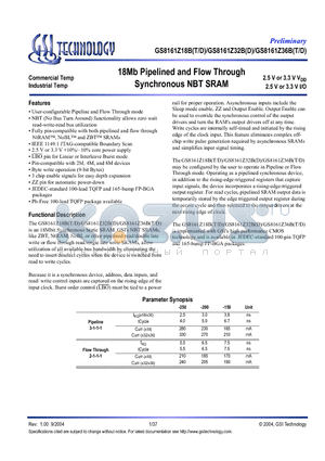 GS8161Z18BD-200I datasheet - 18Mb Pipelined and Flow Through Synchronous NBT SRAM