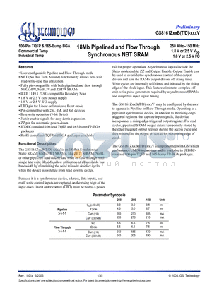 GS8161Z18BGD-200V datasheet - 18Mb Pipelined and Flow Through Synchronous NBT SRAM