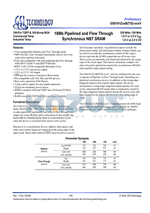 GS8161Z18BGT-150V datasheet - 18Mb Pipelined and Flow Through Synchronous NBT SRAM