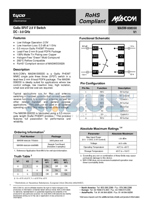 MASW-008330-000SMB datasheet - GaAs SP3T 2.5 V Switch DC - 3.0 GHz