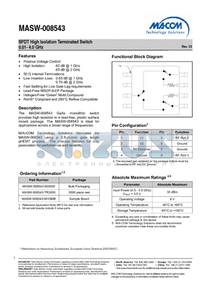 MASW-008543 datasheet - SPDT High Isolation Terminated Switch