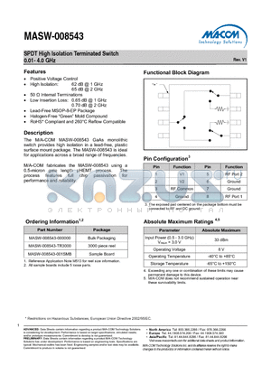 MASW-008543-TR3000 datasheet - SPDT High Isolation Terminated Switch 0.01- 4.0 GHz