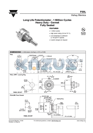 P30LLLAPDR502MA datasheet - Long Life Potentiometer - 1 Million Cycles Heavy Duty - Cermet Fully Sealed
