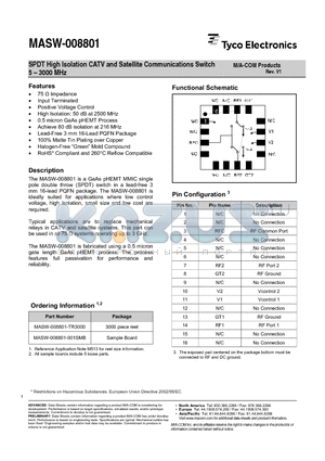 MASW-008801 datasheet - SPDT High Isolation CATV and Satellite Communications Switch 5 - 3000 MHz