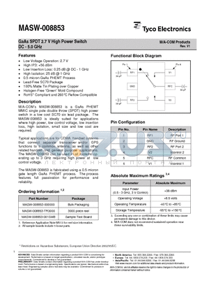 MASW-008853-001SMB datasheet - GaAs SPDT 2.7 V High Power Switch DC - 5.0 GHz