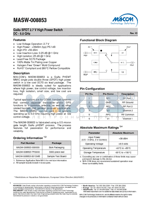 MASW-008853-001SMB datasheet - GaAs SPDT 2.7 V High Power Switch DC - 5.0 GHz