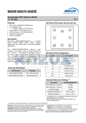 MASW-009276-001SMB datasheet - Bumped GaAs SP3T Switch for WLAN 1.0 - 4.0 GHz