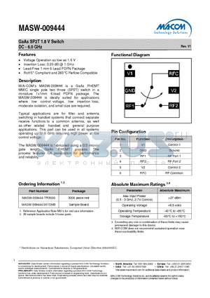 MASW-009444-TR3000 datasheet - GaAs SP2T 1.8 V Switch DC - 6.0 GHz