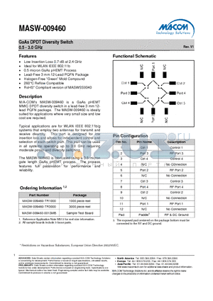 MASW-009460 datasheet - GaAs DPDT Diversity Switch 0.5 - 3.0 GHz