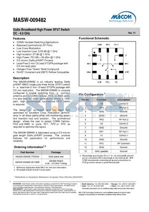 MASW-009482-TR3000 datasheet - GaAs Broadband High Power SP3T Switch DC - 4.0 GHz