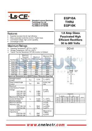 EGP10B datasheet - 1.0Amp glass passivated high efficient rectifiers 50to800 volts