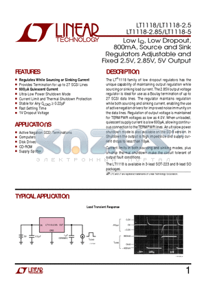 LT1118CS8-2.85 datasheet - Low IQ, Low Dropout, 800mA, Source and Sink Regulators Adjustable and Fixed 2.5V, 2.85V, 5V Output