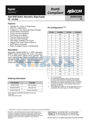 MASWCC0006TR datasheet - GaAs SP6T Switch, Absorptive, Single Supply DC - 4.0 GHz