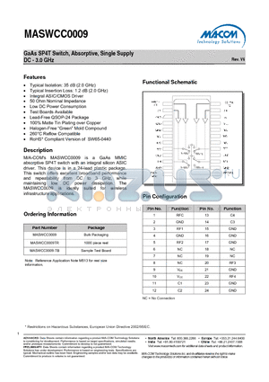 MASWCC0009TR datasheet - GaAs SP4T Switch, Absorptive, Single Supply DC - 3.0 GHz