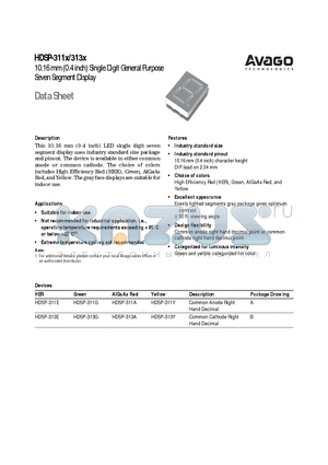 HDSP-311G datasheet - 10.16 mm (0.4 inch) Single Digit General Purpose Seven Segment Display