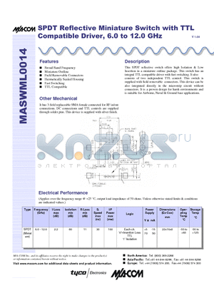 MASWML014 datasheet - SPDT Reflective Miniature Switch with TTL Compatible Driver, 6.0 to 12.0 GHz