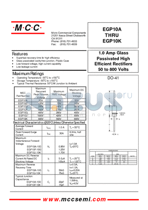 EGP10G datasheet - 1.0 Amp Glass Passivated High Efficient Rectifiers 50 to 800 Volts