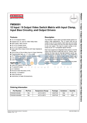 FMS6501_07 datasheet - 12 Input / 9 Output Video Switch Matrix with Input Clamp, Input Bias Circuitry, and Output Drivers