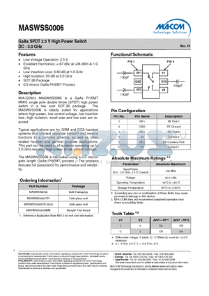MASWSS0006TR datasheet - GaAs SPDT 2.5 V High Power Switch DC - 3.0 GHz