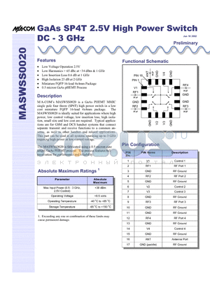 MASWSS0020 datasheet - GaAs SP4T 2.5V High Power Switch DC - 3 GHz
