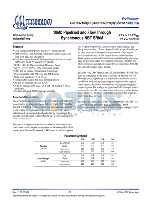 GS8161Z36BGT-150 datasheet - 18Mb Pipelined and Flow Through Synchronous NBT SRAM