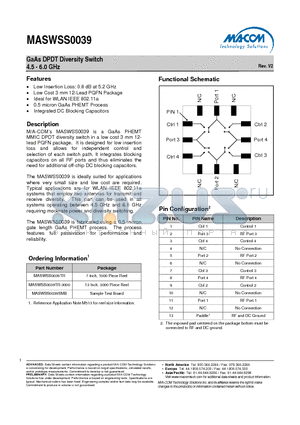 MASWSS0039 datasheet - GaAs DPDT Diversity Switch 4.5 - 6.0 GHz