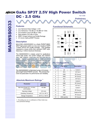 MASWSS0033TR datasheet - GaAs SP3T 2.5V High Power Switch DC - 2.5 GHz