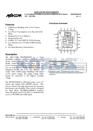 MASWSS0049 datasheet - 2 V Dual-Mode WCDMA & Dual Band GSM/DCS SP5T Switch 0.5 - 2.0 GHz