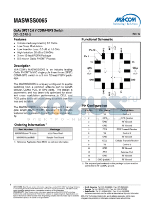 MASWSS0065 datasheet - GaAs SP3T 2.6 V CDMA-GPS Switch DC - 2.5 GHz