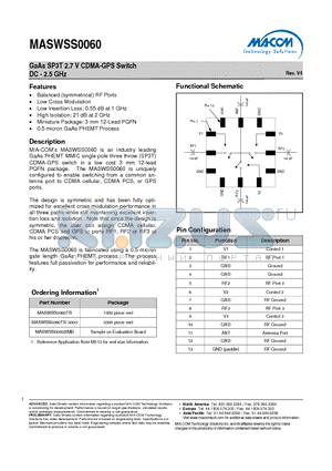 MASWSS0060TR datasheet - GaAs SP3T 2.7 V CDMA-GPS Switch DC - 2.5 GHz