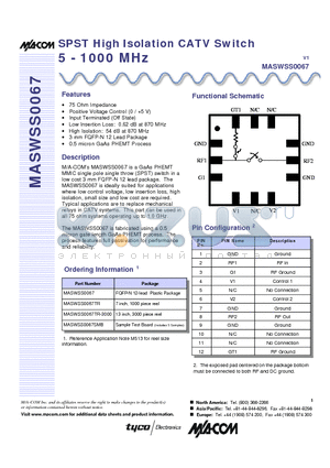 MASWSS0067SMB datasheet - SPST High Isolation CATV Switch 5 - 1000 MHz