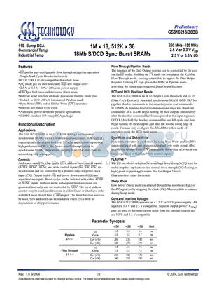 GS816218BB-150I datasheet - 1M x 18, 512K x 36 18Mb S/DCD Sync Burst SRAMs